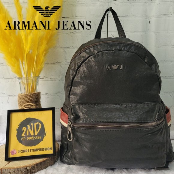ARMANI JEANS Black Leather Backpack With Red White Stripe on The Side Pocket - Picture 1 of 15